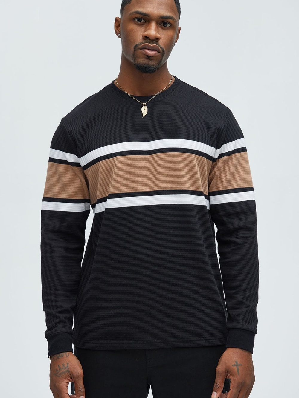 Denim & Flower Black, Tan & White Striped Crewneck Sweater